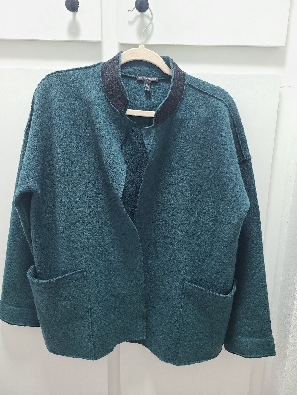 Eileen Fisher Teal 100% Boiled Wool Open-Front Kimono Cardigan Jacket Sz S/M